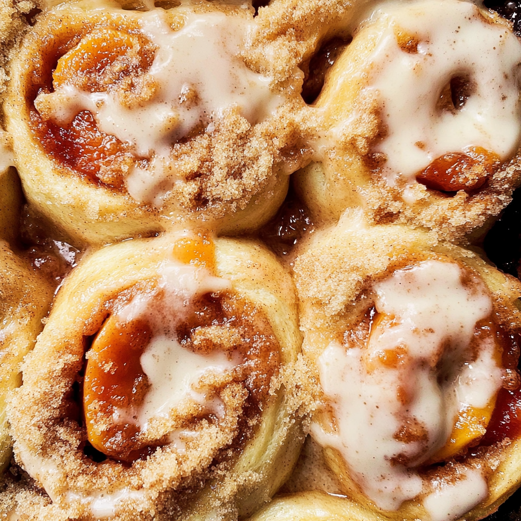 Peach Cobbler Cinnamon Rolls with Icing