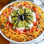 7 Layer Halloween Taco Dip (with Edible Spider and Spiderweb!)