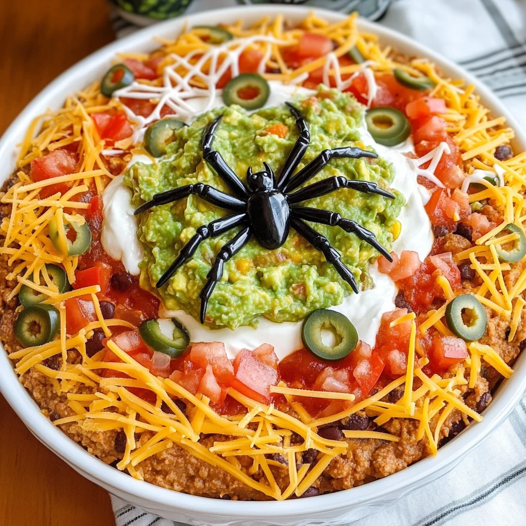 7 Layer Halloween Taco Dip (with Edible Spider and Spiderweb!)