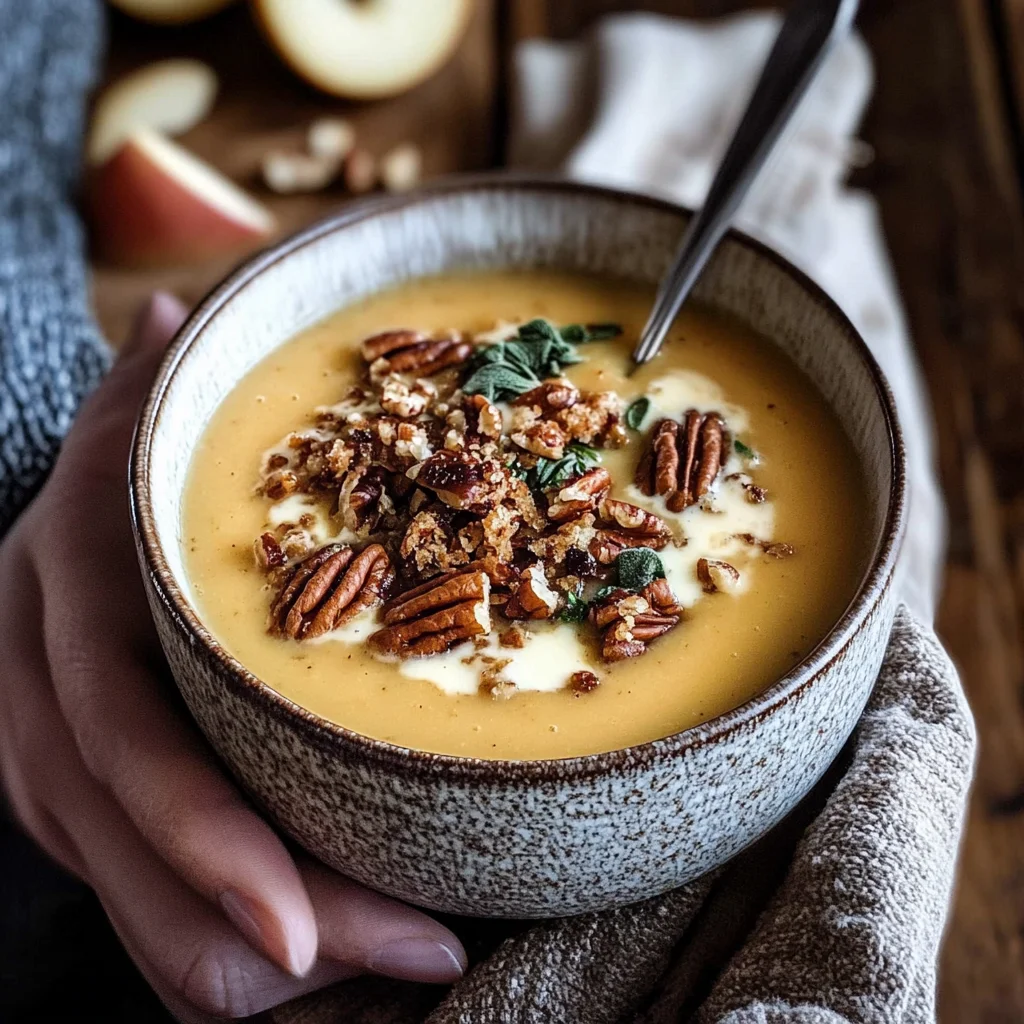 Brie + Cheddar Apple Beer Soup with Cinnamon Pecan Oat Crumble.