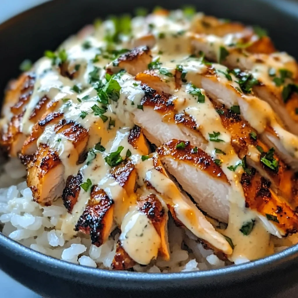 Chicken & Rice Bowls with Creamy Garlic Sauce