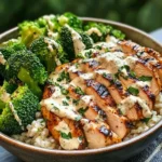 Grilled Chicken & Broccoli Bowls with Creamy Garlic Sauce