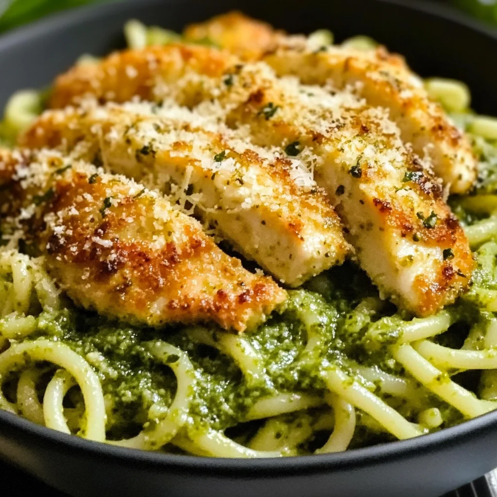 Pesto Pasta with Crispy Parmesan Chicken