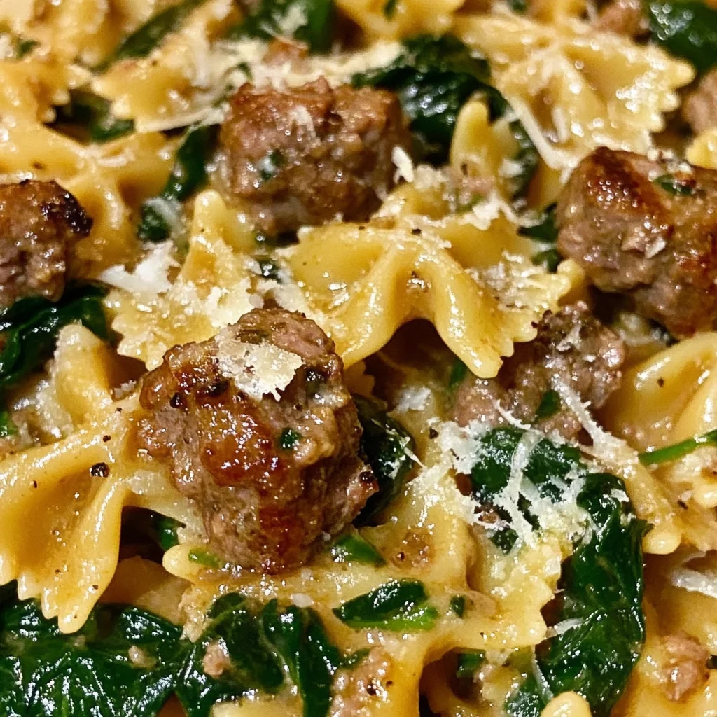 Creamy Garlic Butter Beef Bowtie Pasta with Italian Sausage & Spinach