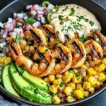 Grilled Shrimp Bowl with Avocado, Corn Salsa & Creamy Garlic Sauce