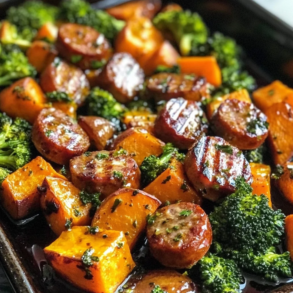 Sheet Pan Sausage and Sweet Potatoes with Honey Garlic Sauce