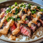 Korean BBQ Steak Rice Bowls with Spicy Cream Sauce