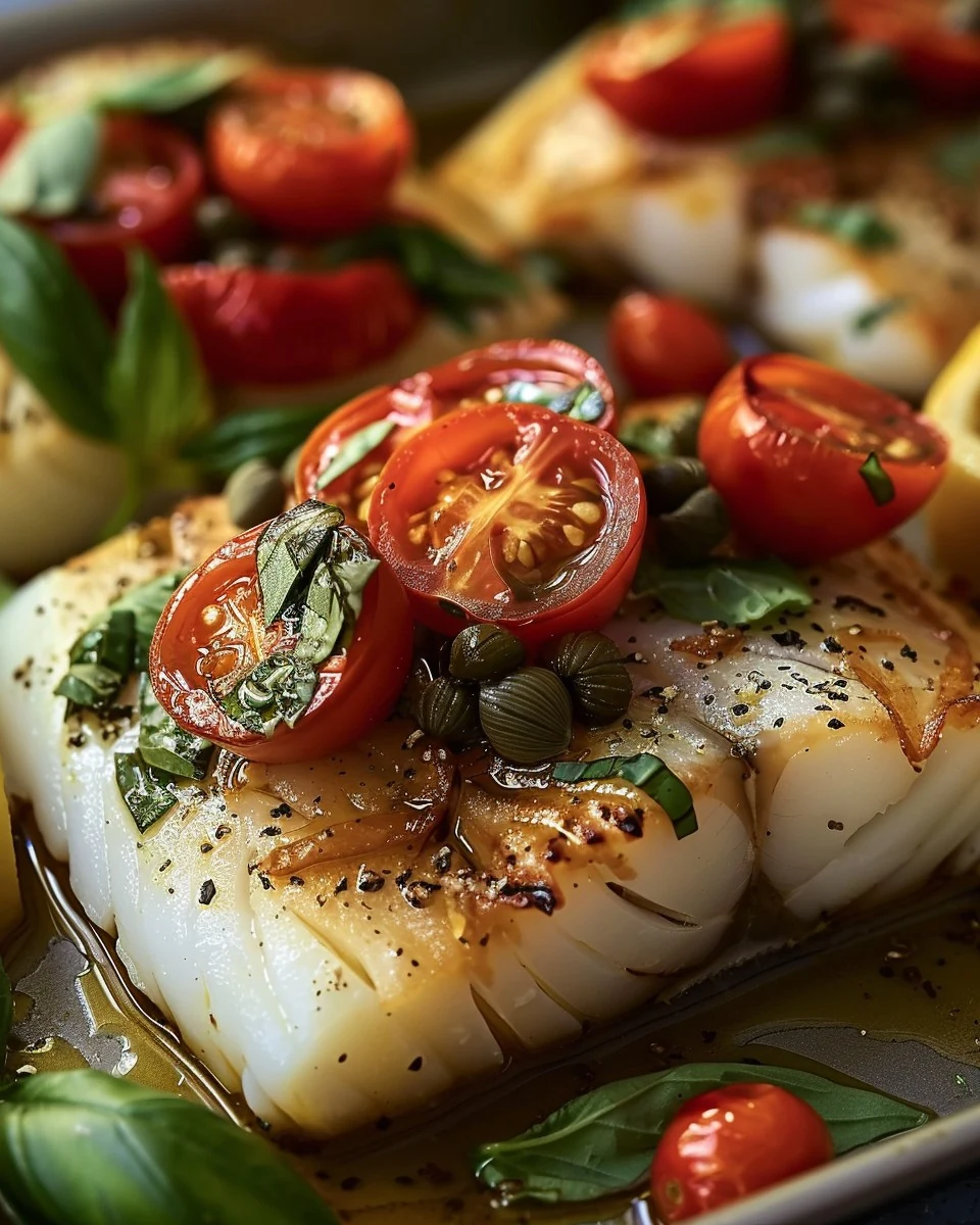 Baked Cod with Tomatoes Capers & Basil Recipe finished dish