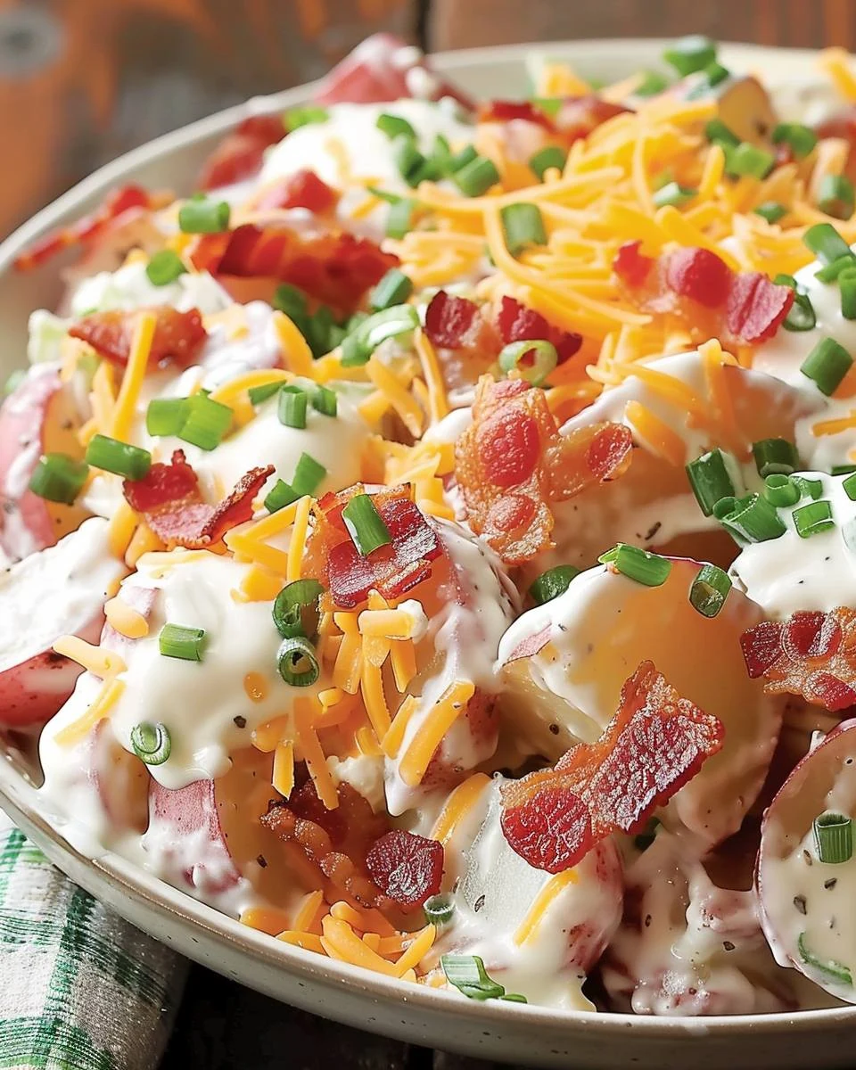 Cheesy Bacon Ranch Potato Salad - A Creamy Summer Delight finished dish