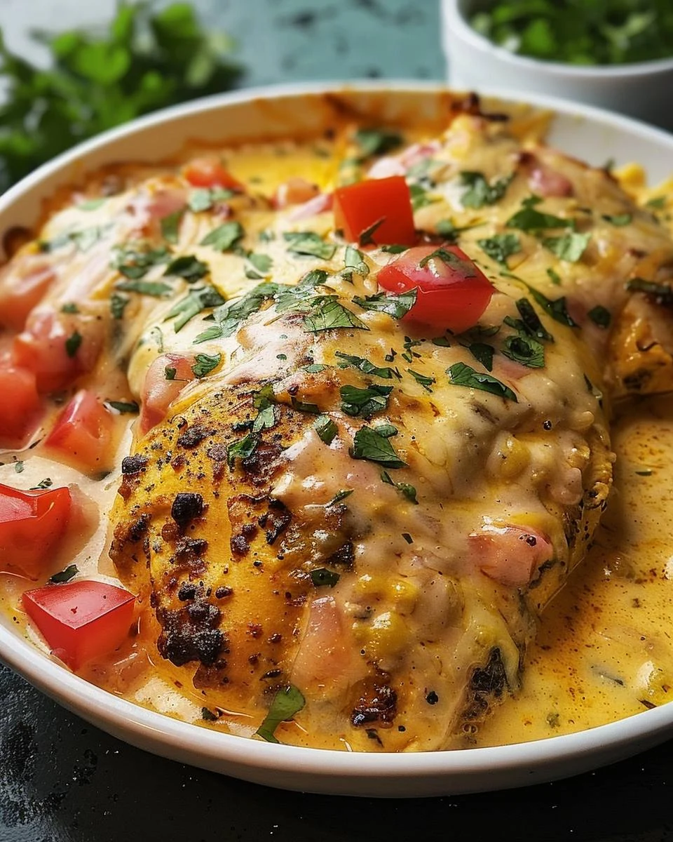 Cheesy Queso Chicken Bake: A Creamy Delight finished dish