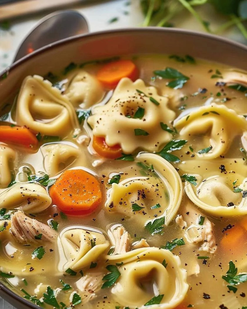 Cozy Slow Cooker Chicken Tortellini Soup Recipe finished dish