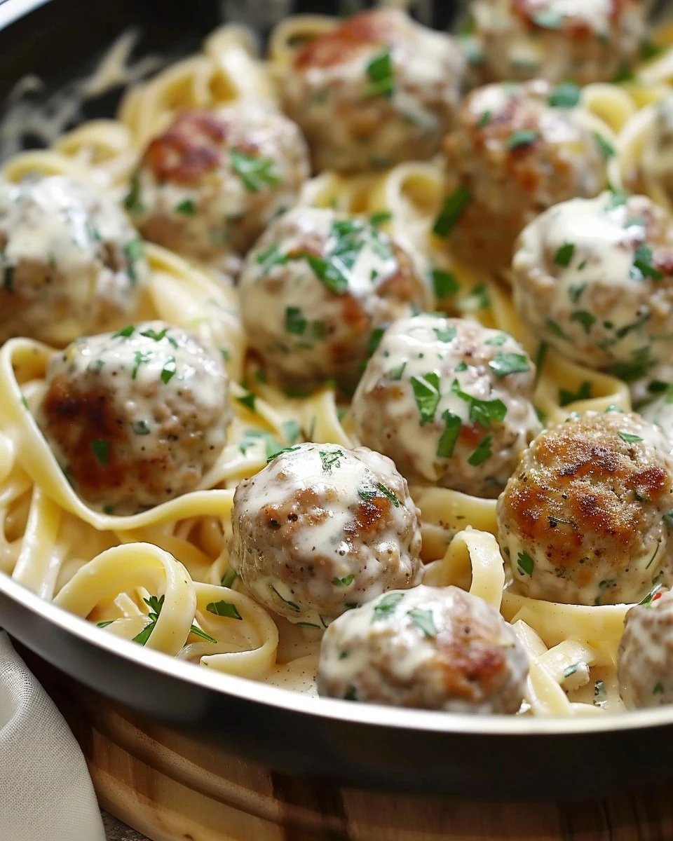 Creamy Alfredo Meatballs Recipe for Dinner finished dish