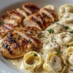 Creamy Asiago Tortellini Alfredo with Grilled Chicken Recipe finished dish