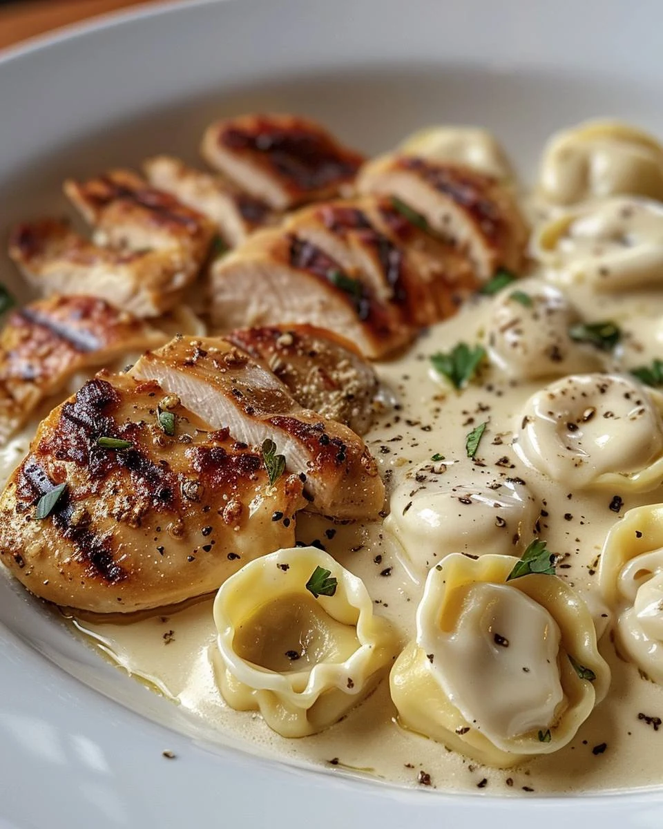 Creamy Asiago Tortellini Alfredo with Grilled Chicken Recipe finished dish