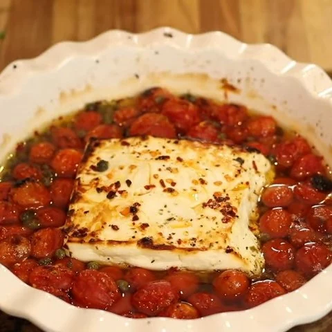 Creamy Baked Feta with Olives and Sun-Dried Tomatoes finished dish