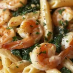 Creamy Cheese Shrimp Penne Pasta with Spinach Recipe finished dish