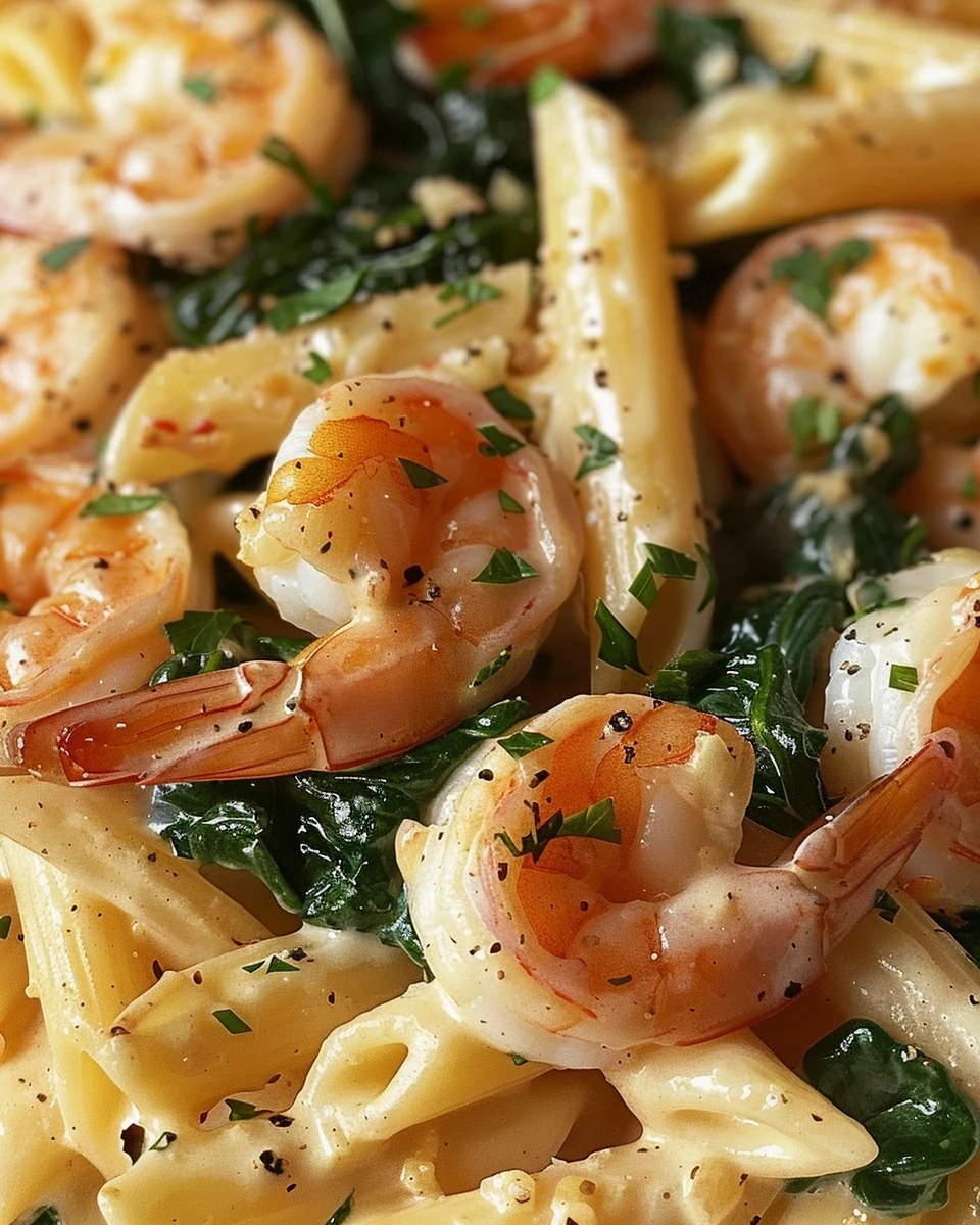 Creamy Cheese Shrimp Penne Pasta with Spinach Recipe finished dish