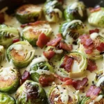 Creamy Garlic Parmesan Brussels Sprouts with Bacon Recipe finished dish