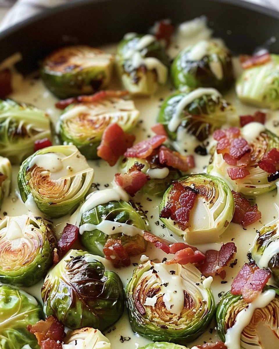 Creamy Garlic Parmesan Brussels Sprouts with Bacon Recipe finished dish