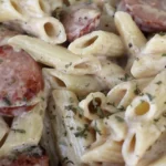Creamy Garlic Sausage Alfredo Rigatoni Recipe finished dish