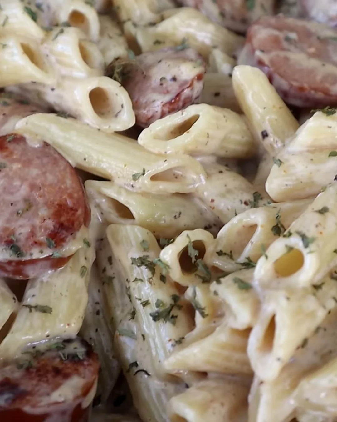 Creamy Garlic Sausage Alfredo Rigatoni Recipe finished dish