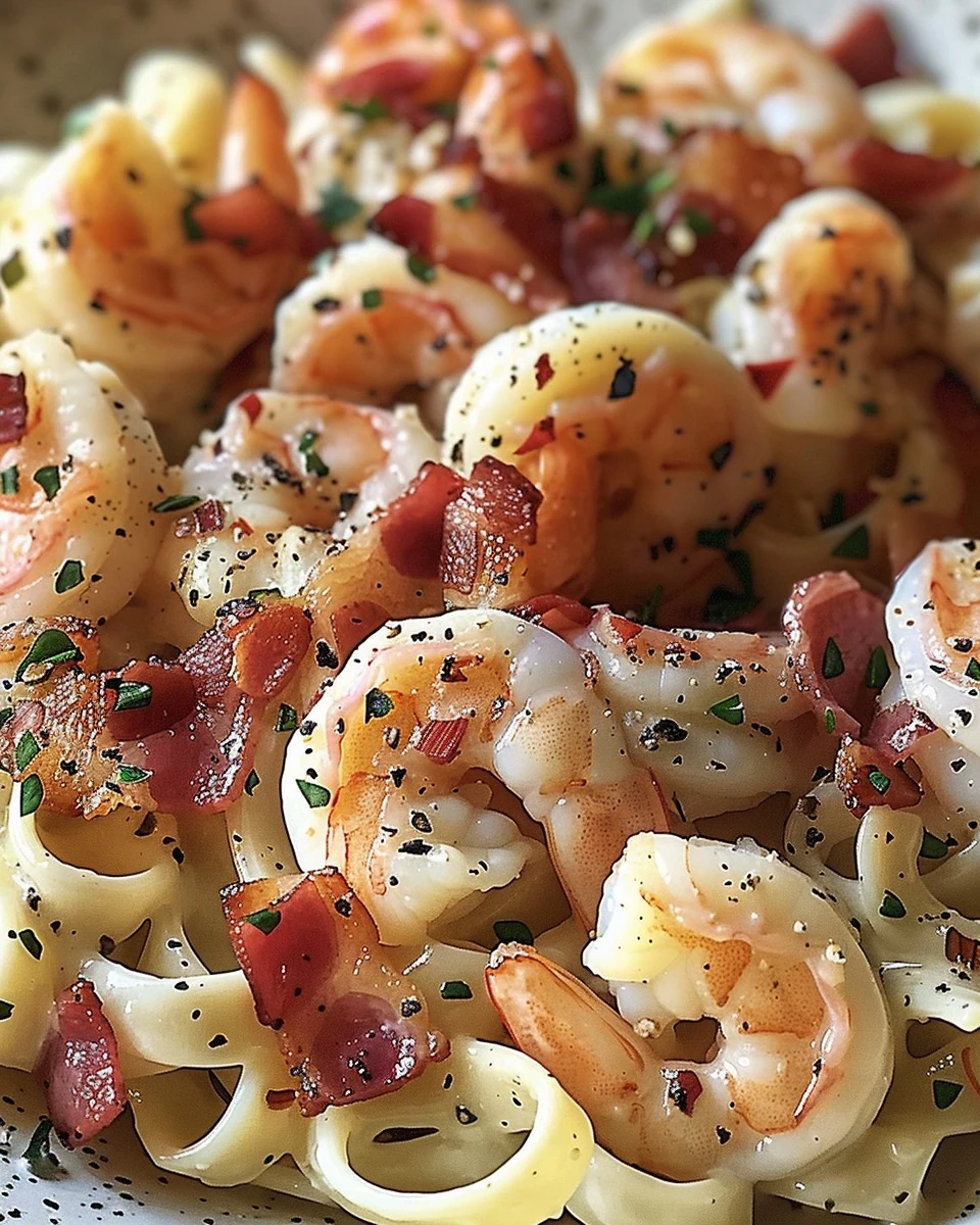 Creamy Garlic Shrimp Bacon Alfredo Recipe finished dish