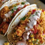 Crispy Fried Chicken Street Corn Tacos with Bacon and Jalapeno Lime Ranch finished dish