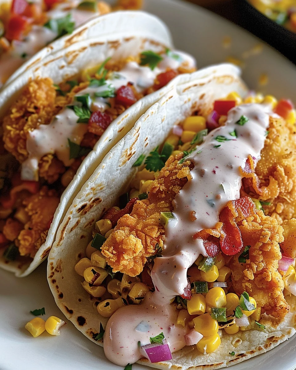 Crispy Fried Chicken Street Corn Tacos with Bacon and Jalapeno Lime Ranch finished dish