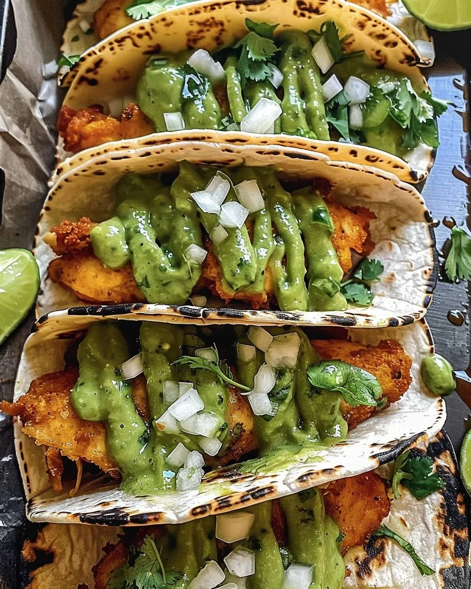 Crispy Poblano Chicken Tacos with Avocado-Jalapeño Sauce finished dish