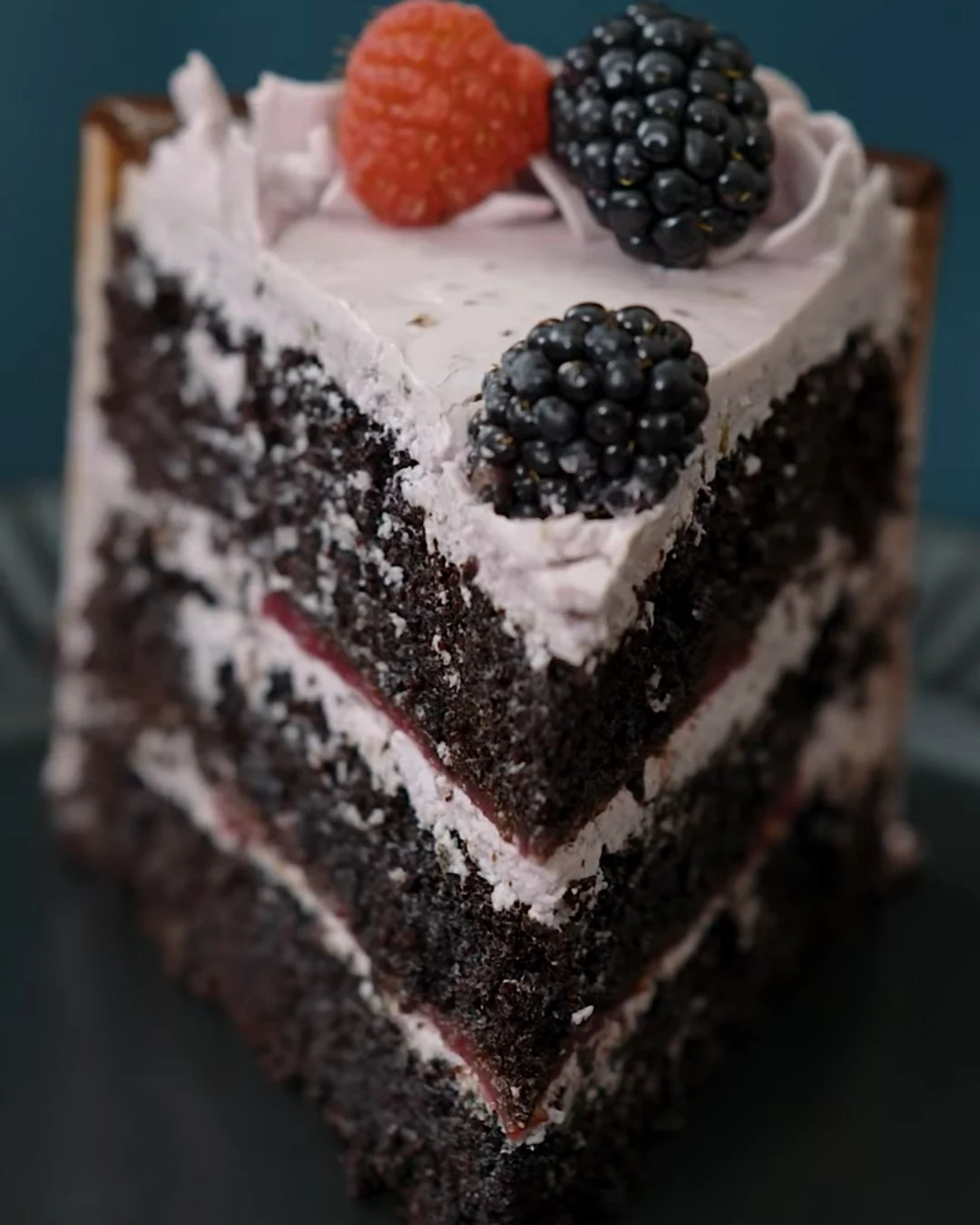 Decadent Bourbon Chocolate Cake with Blackberry Buttercream finished dish