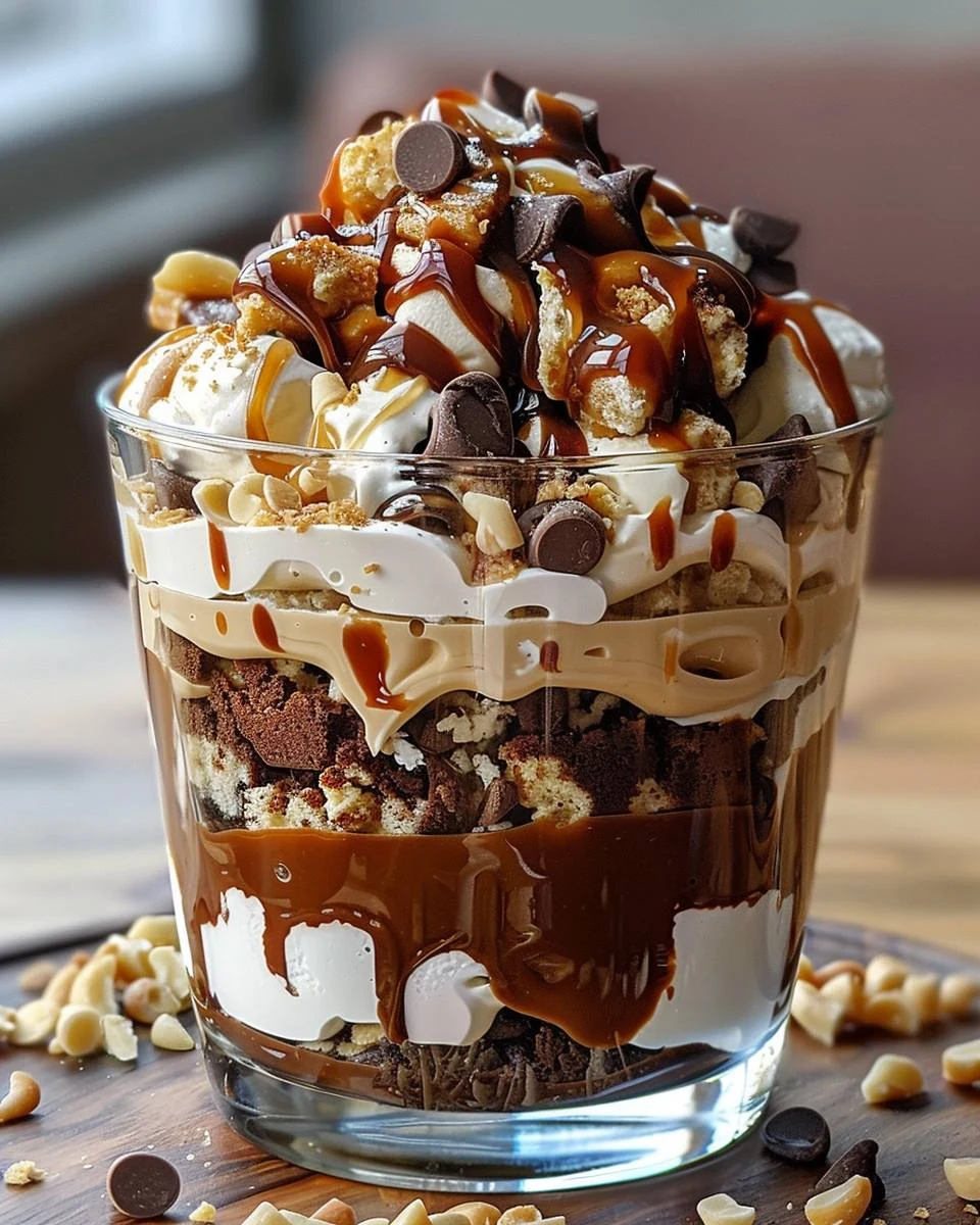 Decadent Caramel Cheesecake Brownie Trifle Recipe finished dish