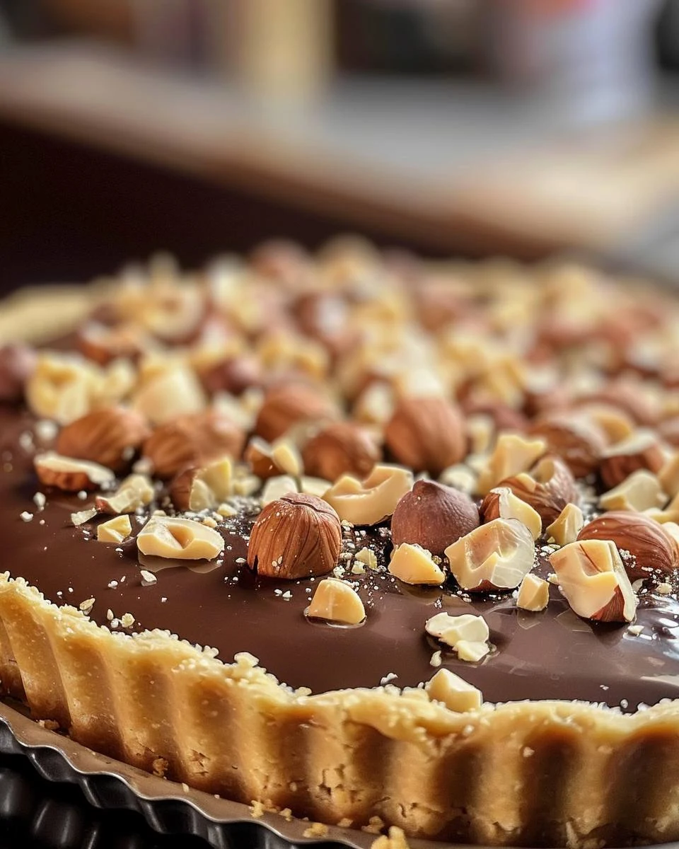 Decadent Chocolate Hazelnut Praline Tart Recipe finished dish