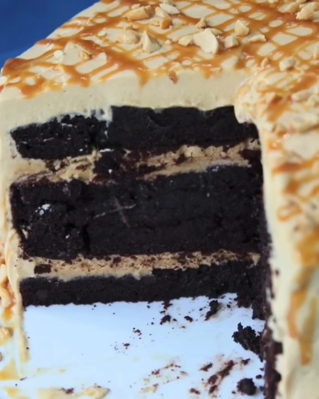 Decadent Chocolate Peanut Butter Salted Caramel Toffee Cake finished dish
