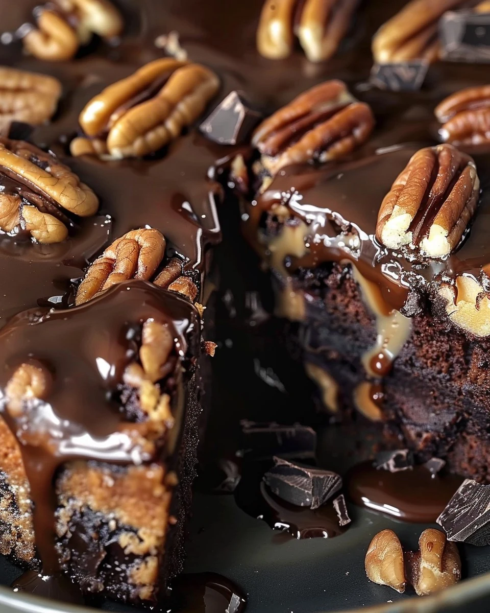 Decadent CHOCOLATE PECAN OOey GOOEY BUTTER CAKE Recipe finished dish