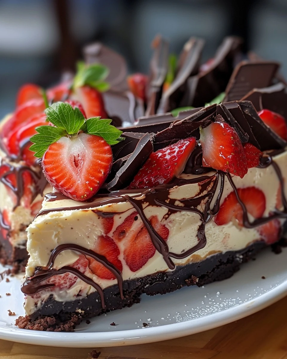 Decadent Chocolate Strawberry Swirl Cheesecake Recipe finished dish
