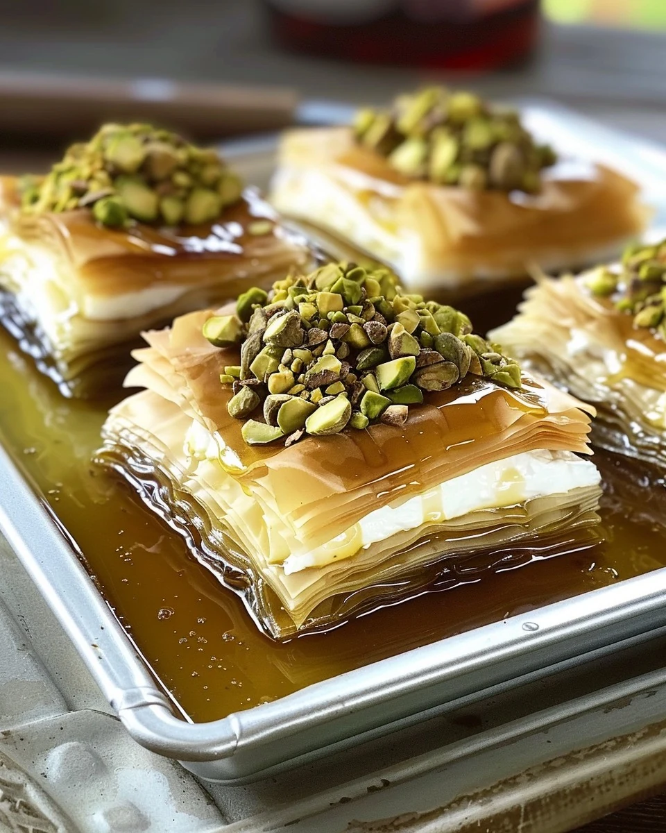 Decadent Honey Cheesecake Pistachio Baklava Recipe finished dish