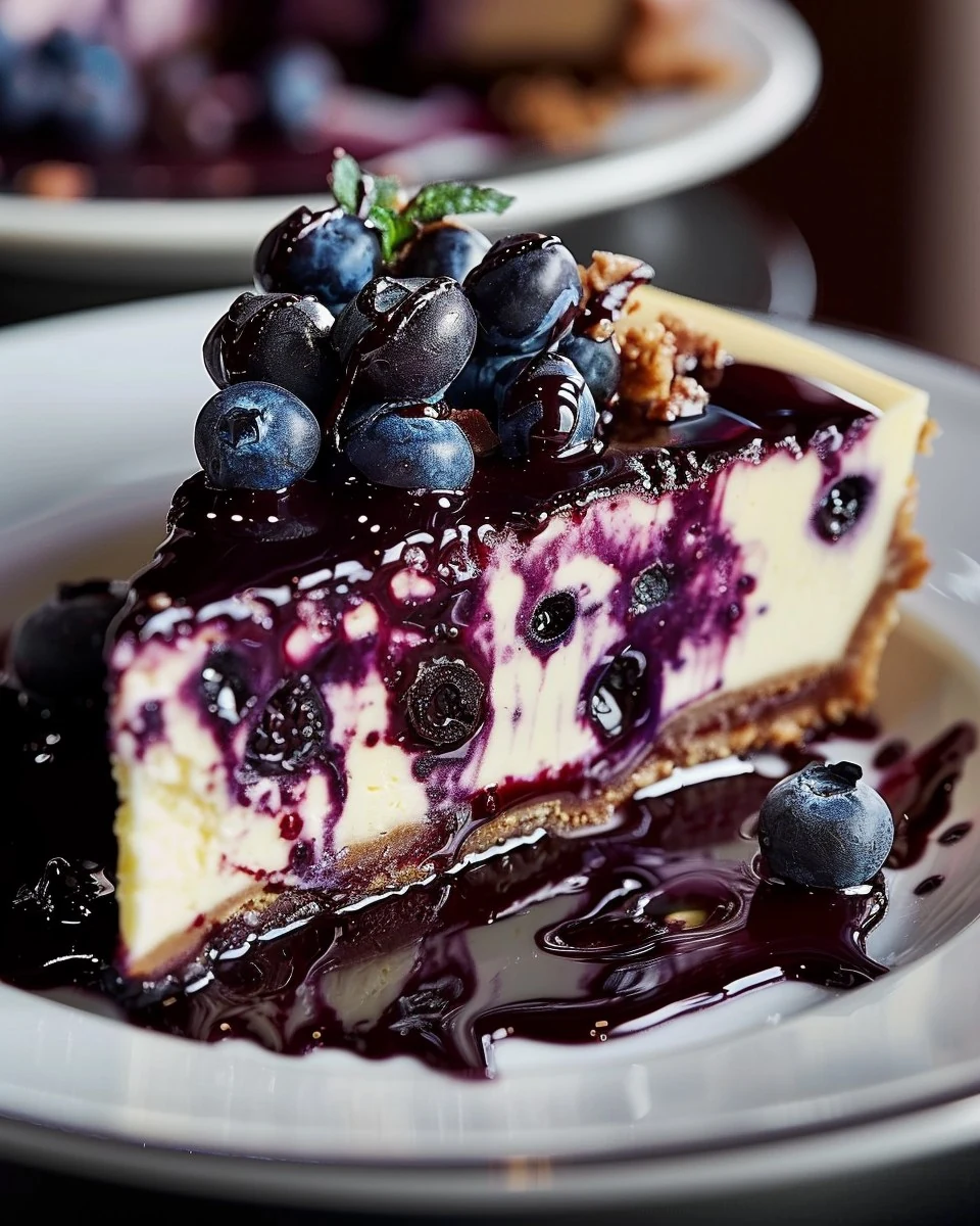 Decadent WHITE CHOCOLATE BLUEBERRY CHEESECAKE Recipe finished dish