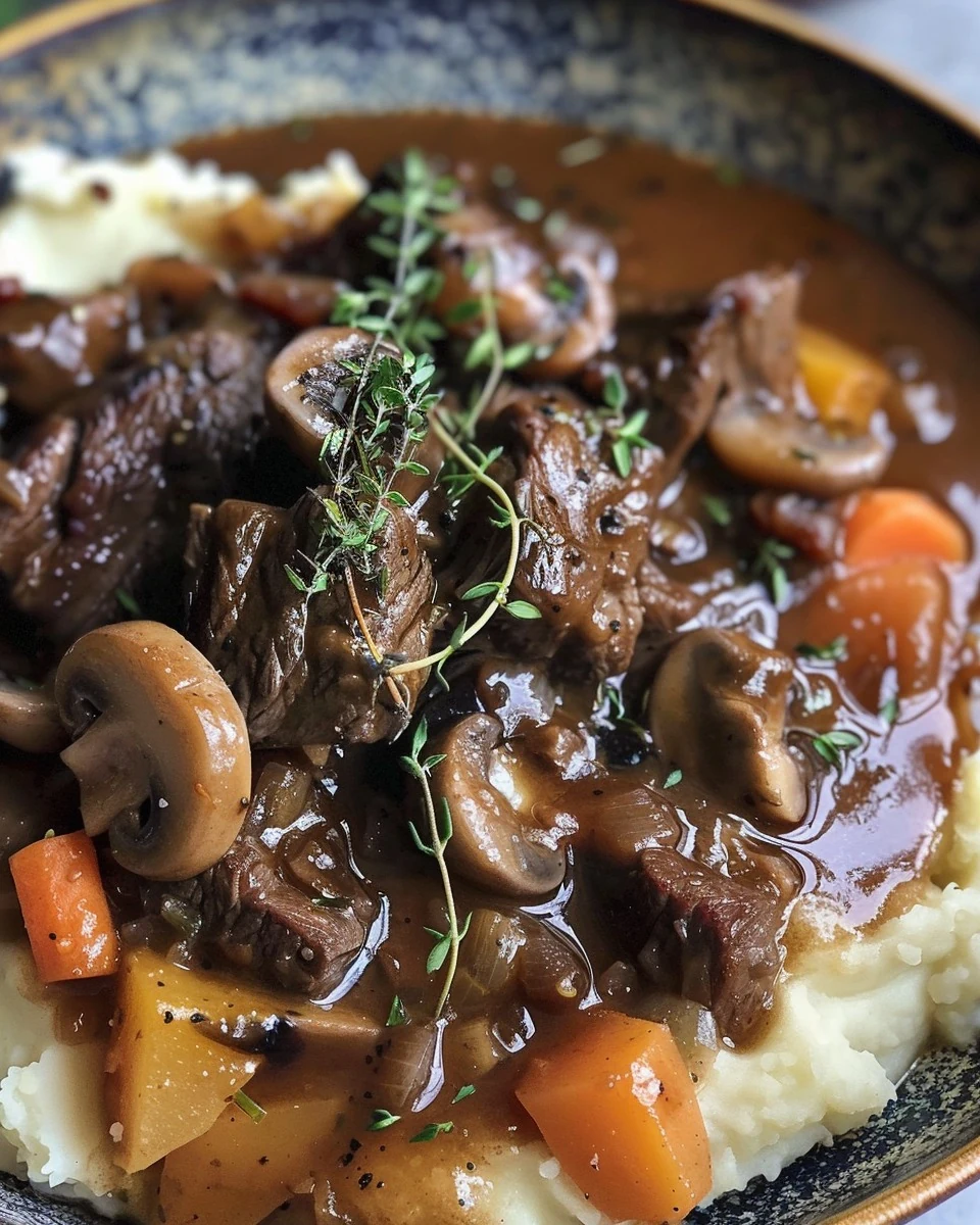 Delicious Balsamic Beef Stew with Veggie Mash Recipe finished dish