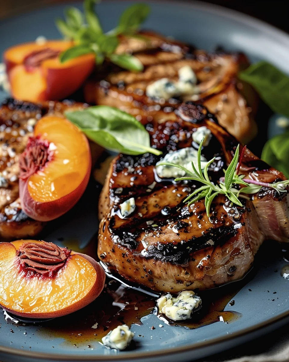 Delicious Balsamic Peach Pork Chops with Blue Cheese Recipe finished dish