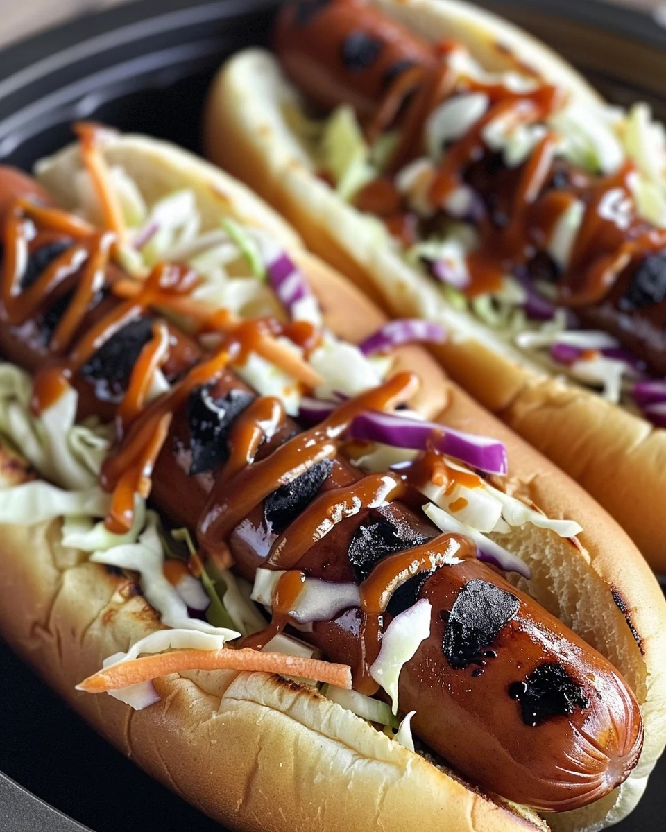 Delicious BBQ Glazed Hot Dogs with Spicy Slaw Recipe finished dish