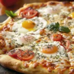 Delicious Breakfast Pizza with Tomatoes and Eggs Recipe finished dish