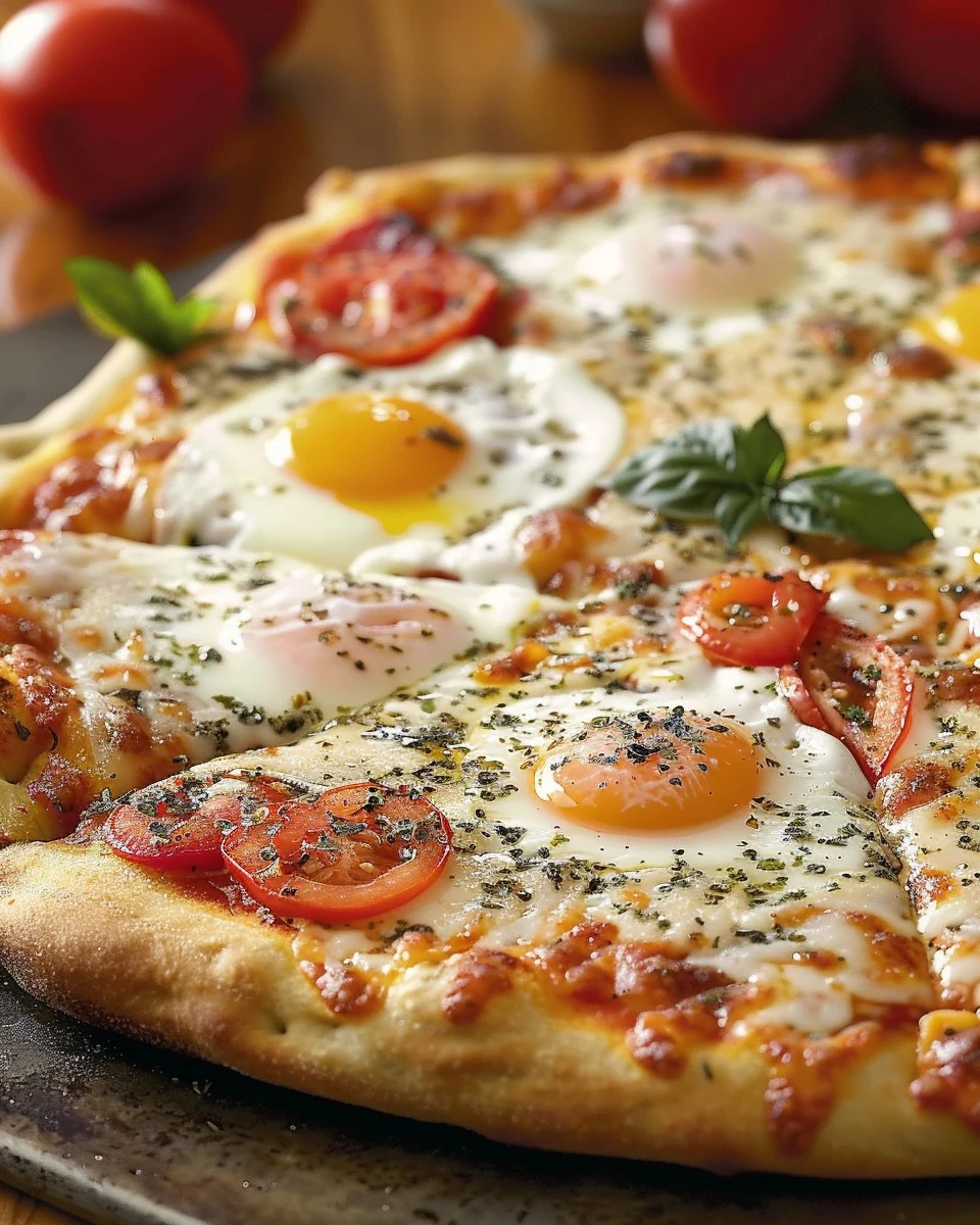 Delicious Breakfast Pizza with Tomatoes and Eggs Recipe finished dish