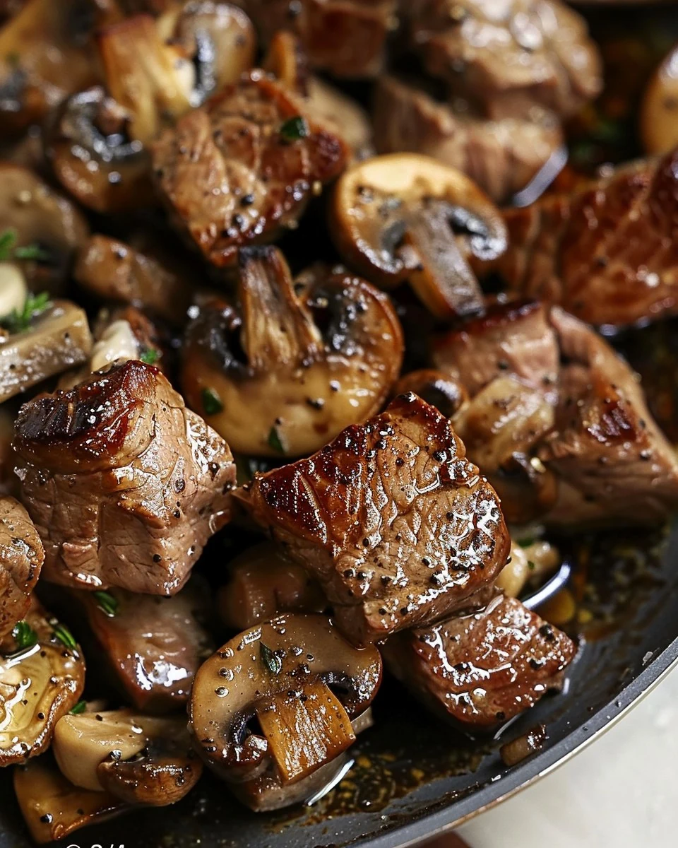 Delicious Buttered Steak Bites with Mushrooms Recipe finished dish