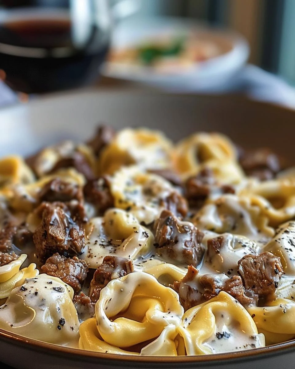 Delicious Cheesesteak Tortellini in Rich Provolone Sauce finished dish