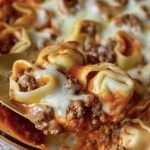 Delicious Cheesy Baked Tortellini Casserole With Meat Sauce Recipe finished dish