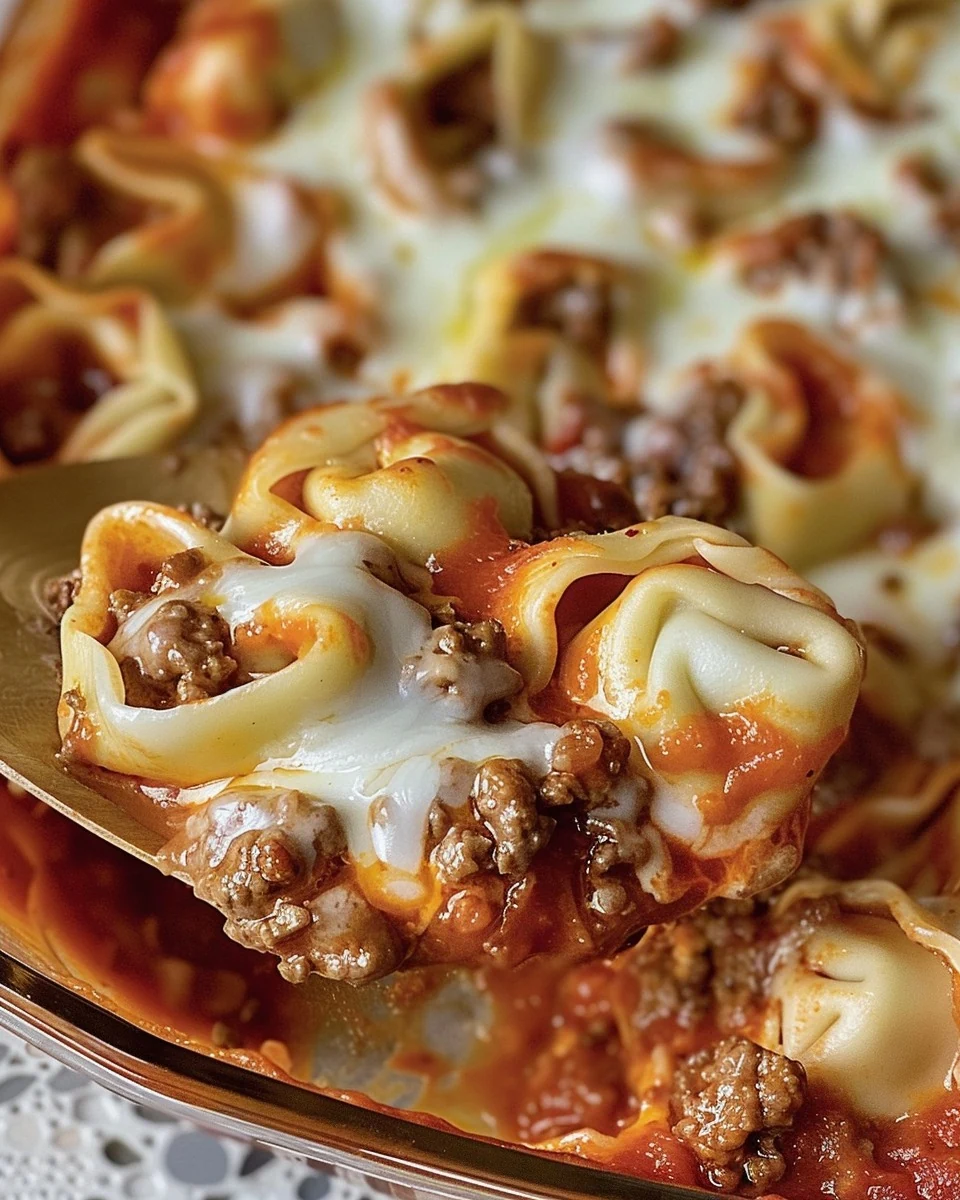 Delicious Cheesy Baked Tortellini Casserole With Meat Sauce Recipe finished dish