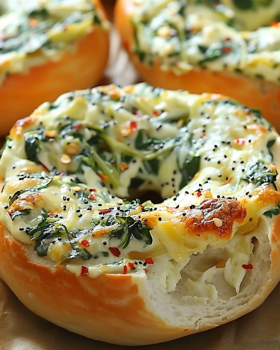 Delicious Cheesy Spinach-Artichoke Bagels Recipe