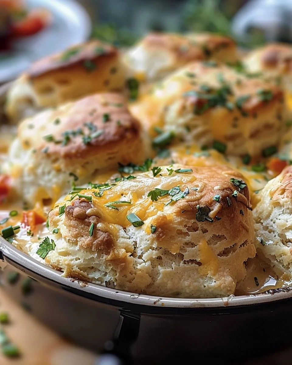 Delicious Chicken Cobbler with Cheddar Bay Biscuit Top finished dish
