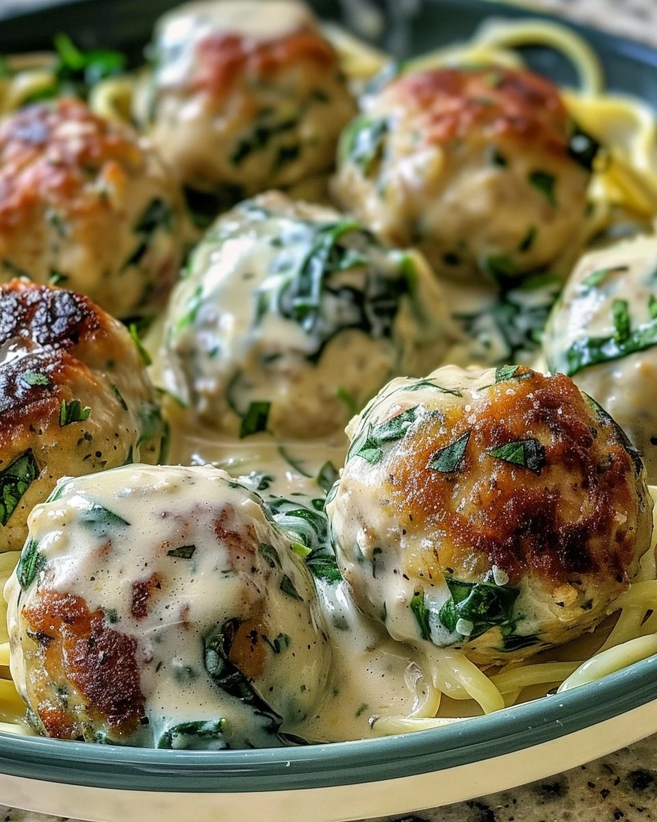 Delicious Chicken Ricotta Meatballs with Spinach Alfredo Sauce
