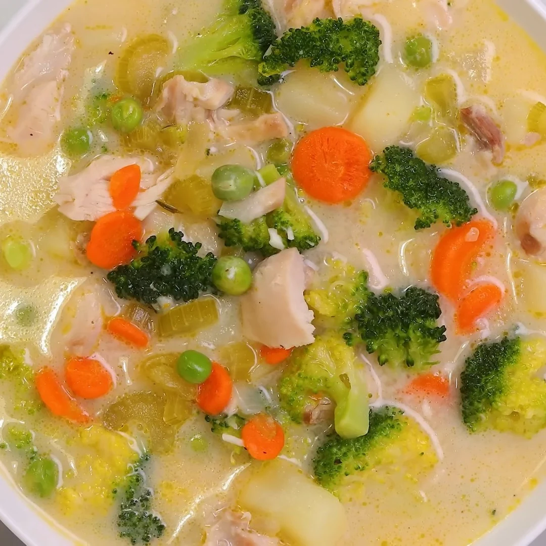 Delicious Creamy Chicken Soup with Vegetables Recipe finished dish